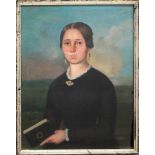 Biedermeier-Portraitist (19. Jh.) Dame mit Buch vor Landschaftskulisse. Pastell/Papier/Holz (
