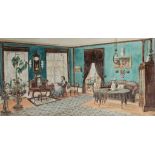 Sauer, Adolf (um 1876) Blick in ein Spätbiedermeier-Zimmer mit Dame bei der Lektüre. Aquarell/