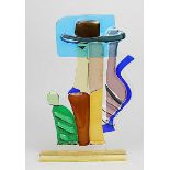 Glasobjekt. Stilisierter Kopf mit Hut. Strukturiertes, teils farbig unterfangenes, reliefiertes Glas