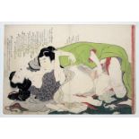 Utamaro-Schule (Japan, 18. Jh.) Ein Shunga, illustriertes Doppelblatt. Unsigniert, li. Seite mit