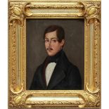 Biedermeier-Portraitist (Mitte 19. Jh.) Eleganter, junger Herr mit Schnauzer. Öl/Lwd. (rest.). 37,5x