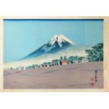 Tokuriki, Tomikichiro (geb. 1902-1947?) Farbholzschnitt. Dorf am Seeufer mit Fuji im Hintergrund,