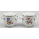 Paar Cachepots, Meissen. Becherform mit verschlungenen Asthenkeln. Bunte Bemalung "Blume 3",