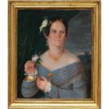 Biedermeier-Portraitist (um 1830) Elegante Dame mit Biedermeier-Schmuck vor Landschaftskulisse. Öl/