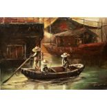 Unbekannter Maler (wohl Indonesien oder Malaysia, 20. Jh.) Szene mit Booten vor Pfahlhäusern. Öl/