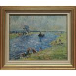 Heuser, Heinrich (1887 Stralsund - Berlin 1967) Impressionistischer Flusslauf mit Wäscherin. Öl/