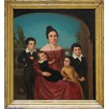 Biedermeier-Maler (um 1840) Mutter mit ihren vier Kindern vor einer Landschaftskulisse. Öl/Lwd. (