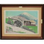 Tokuriki, Tomikichiro (geb. 1902-1947?) Farbholzschnitt. Mühlrad mit Gebäuden vor dem Fuji-Berg, aus
