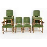 Serie van 6 eikenhouten stoelen met groen velours bekleed, w.o. 2 . armstoelen met leeuwenkoppen,