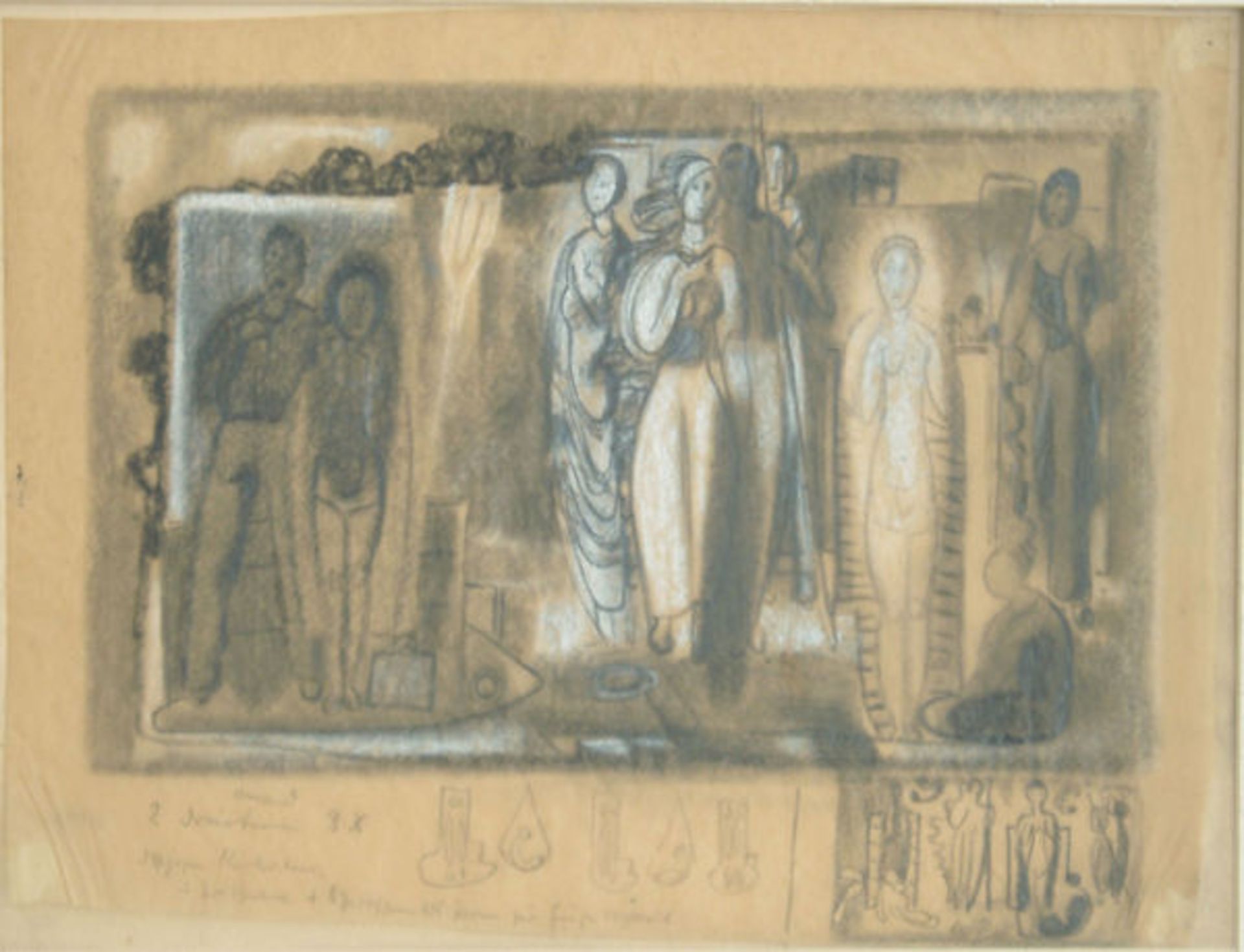 Ackermann, Max Graphit und weiße Kreide auf Pergamin, 29,2 x 37,5 cm Ohne Titel (Figurenkomposition)