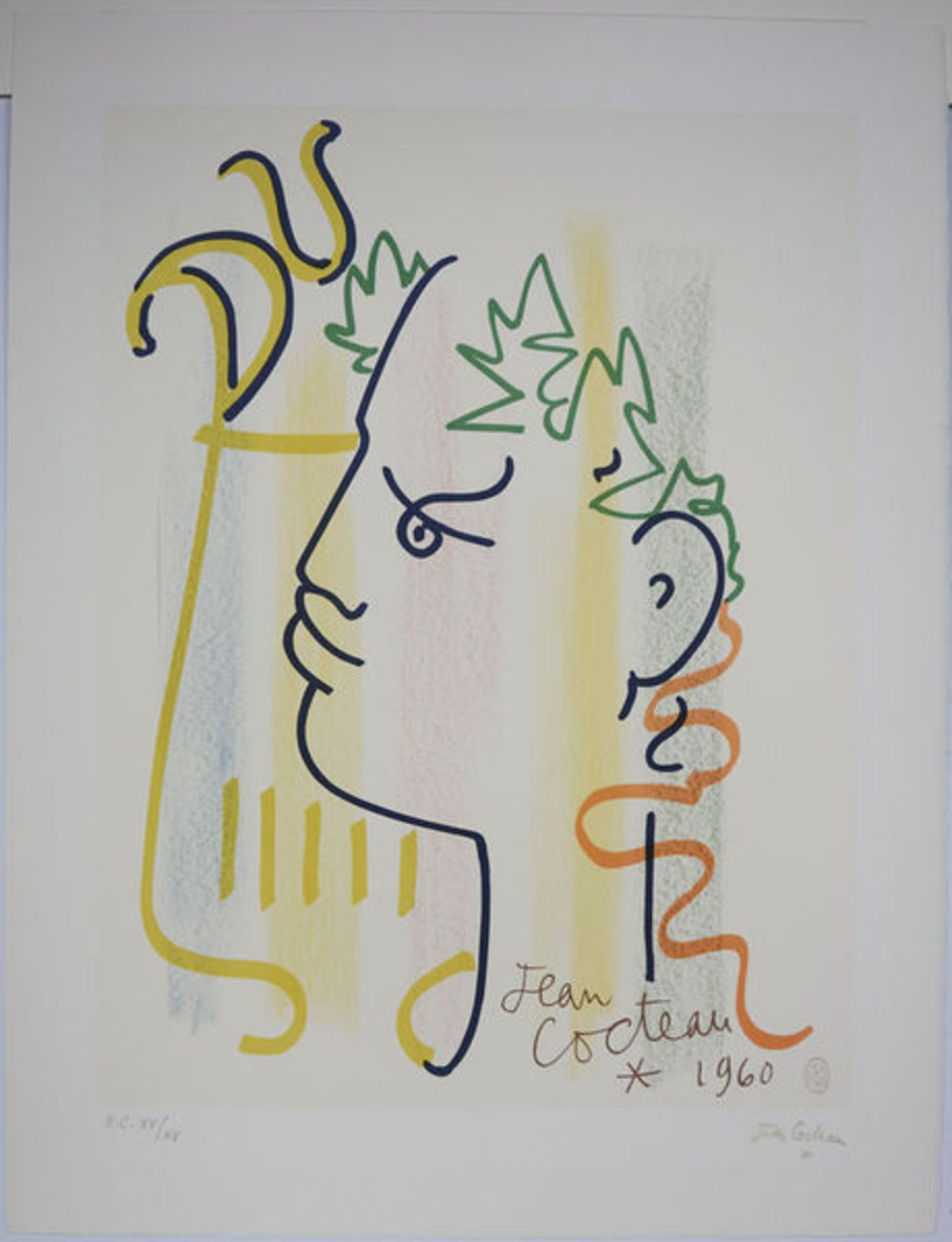 Cocteau, Jean Farblithographie auf Arches Bütten, 52,5 x 40 cm Orphée à la Lyre Mit gedruckter
