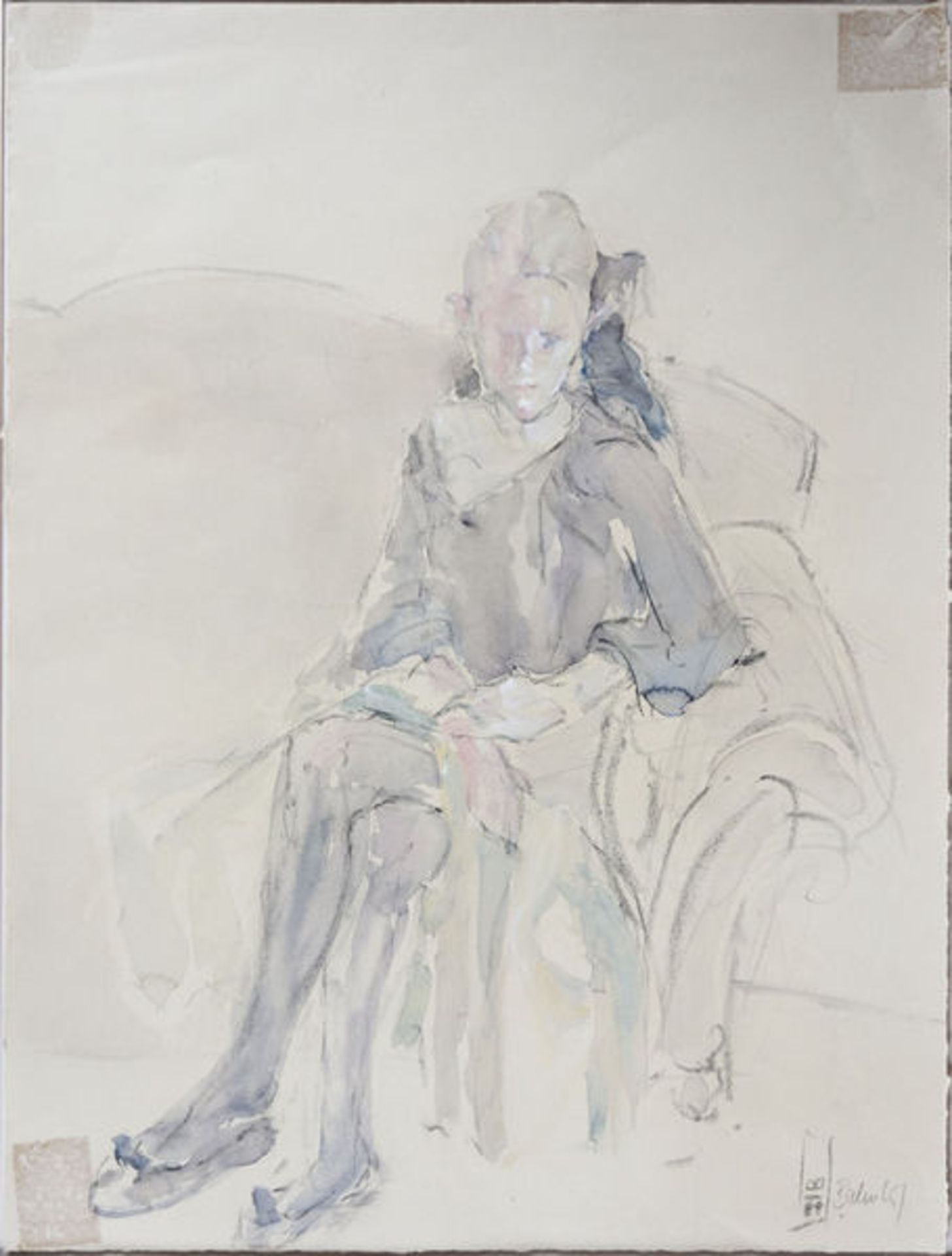 Bodenburg, Iris Kreide, Aquarell und Deckweiß auf chamoisfarbenem Papier, 61 x 46 cm Sitzendes