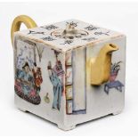 Kl. vierkantige Teekanne, China um 1900.Porzellan m. Schmelzfarben. Umlaufendes figürl. Dekor.