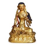 Buddha, Tibet wohl 19. Jh.Bronze, vergoldet, teils farbig bemalt. Sitzende Buddhafigur, die Hände in