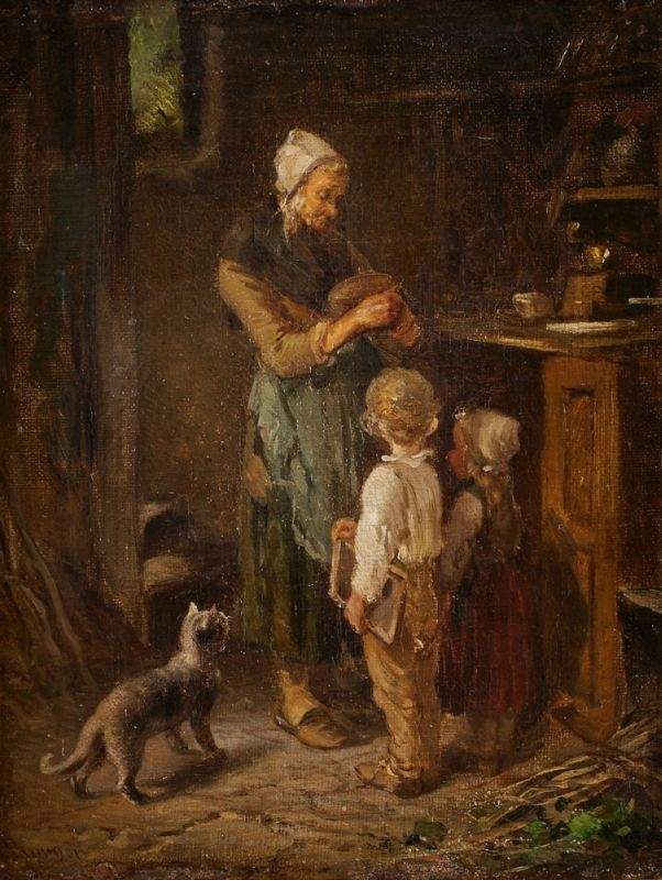 Gemälde Anton Burger1824 Frankfurt - 1905 Kronberg "Großmutter mit Kindern in der Küche" u. li.