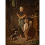 Gemälde Anton Burger1824 Frankfurt - 1905 Kronberg "Großmutter mit Kindern in der Küche" u. li.
