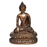 Buddha, Tibet wohl 19. Jh.Bronze, dunkel patiniert. Buddhafigur im Lotus- sitz, die Hände im