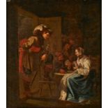 Gemälde Kopie nach Jacob DuckGenremaler d. 17. Jh. "Kartenspielende Soldaten und Frau" Öl/Holz, 48 x