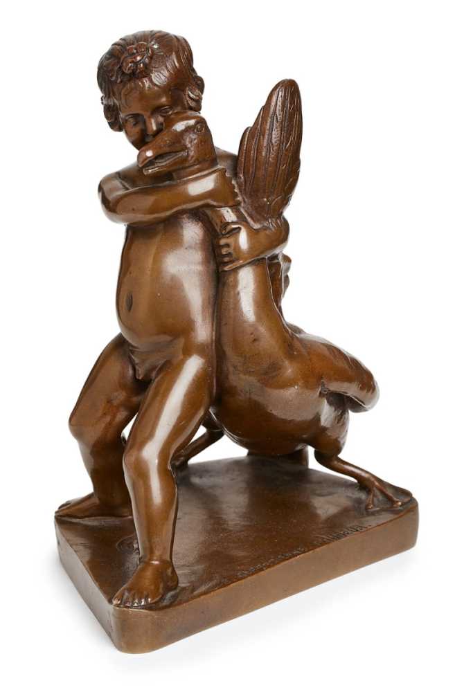 Kleine Bronze "Junge mit Gans", Ferdinand Barbedienne, Frankreich 19. Jh. Hellbraun patiniert.