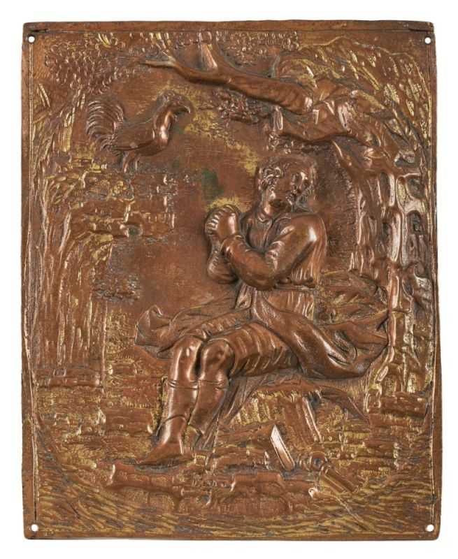 Reliefplatte "Petrus in Landschaft",wohl 17. Jh. Bronze gegossen, Reste alter Vergoldung.