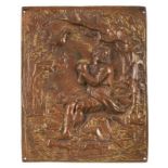 Reliefplatte "Petrus in Landschaft",wohl 17. Jh. Bronze gegossen, Reste alter Vergoldung.