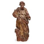 Barock-Heiligenfigur, 18. Jh.Holz vollrd. geschnitzt. Stehende Figur, in der re. Hand ein