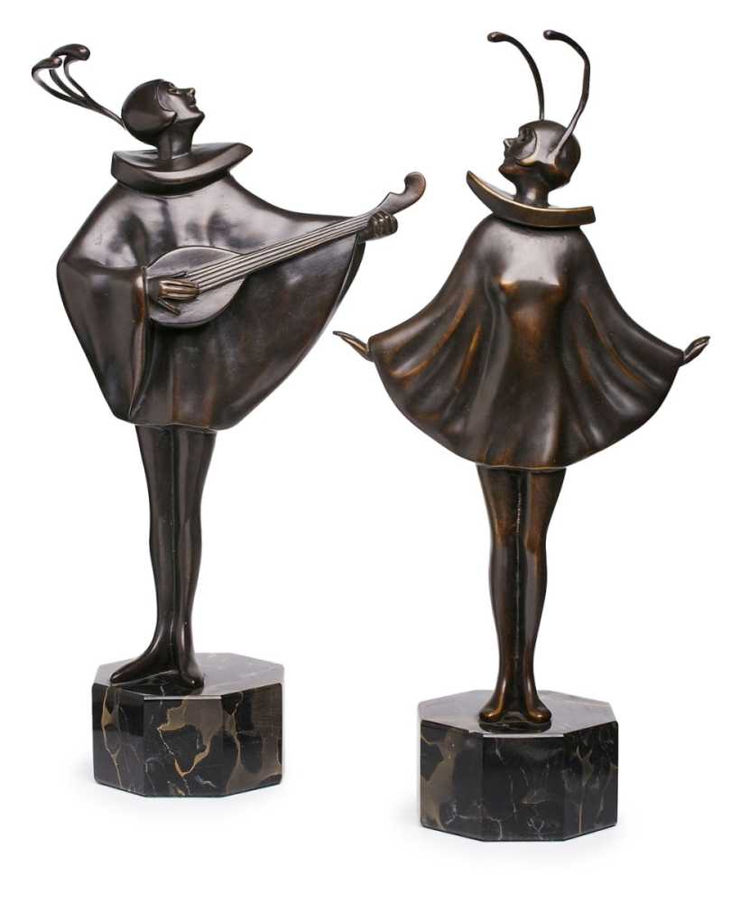 Paar Art Déco-Bronzen Roland Paris(1894-1945) "Lautenspieler u. Tänzerin", um 1925. Dunkel