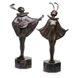 Paar Art Déco-Bronzen Roland Paris(1894-1945) "Lautenspieler u. Tänzerin", um 1925. Dunkel