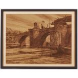 Kreidezeichnung Fritz Wucherer1873 Basel - 1948 Kronberg "Der Bau der Notbrücke zu Frankfurt M."