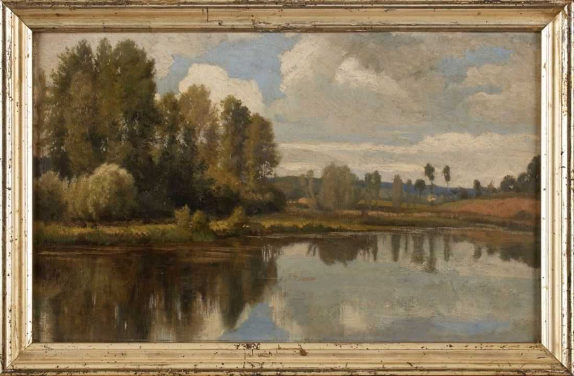 Gemälde Peter Burnitz1824 Frankfurt - 1886 Frankfurt "Sommerliche Landschaft am Wasser" verso mit