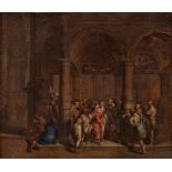 Gemälde Sakralmaler 18. Jh. "Jesus mit den Bettlern im Tempel" Öl/Lwd., (doubl., restaur.), 32 x