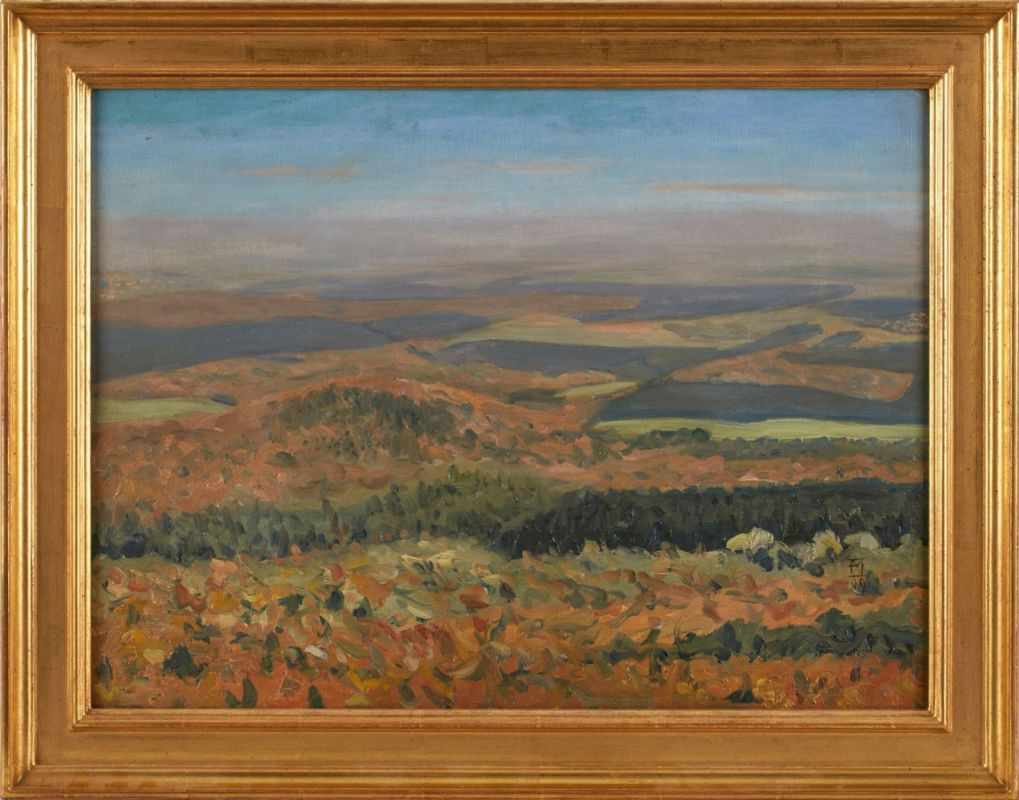 Gemälde Friedrich Wilhelm Mook 1888 Frankfurt - 1944 Frankfurt "Weite hessische Landschaft" u. re.