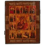 Ikone Russland um 1860 "Leben der Heiligen Maria" Zwölf Darstellungen um zentrales Bild der