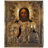 Ikone Russland dat. 1827 "Christus-Pantokrator" vergoldetes Silberoklad, dat. 1827, 84'er Silber,