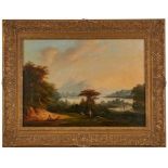 Gemälde Landschaftsmaler 19. Jh. "Gebirgslandschaft im Abendlicht" Öl/Lwd., 60,3 x 40,3 cm