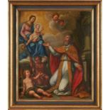 Gemälde Sakralmaler 19. Jh. "Darbringung vom Hl. Nikolaus (?)" Öl/Kupfer, 44,5 x 36,5 cm kl. Def. in