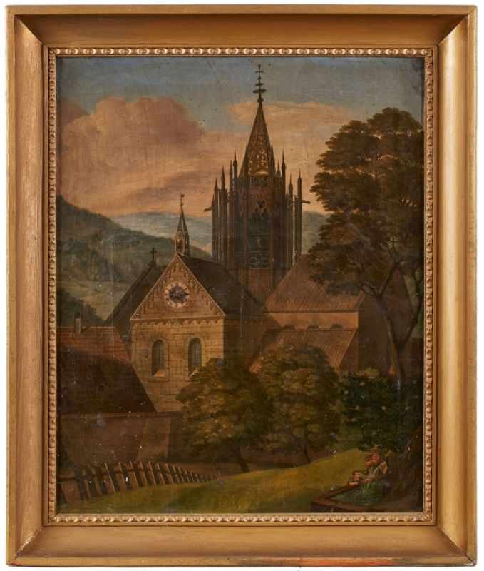 Biedermeier-Bilderuhr, um 1825-30. Gekehlter hochrechteck. Holzrahmen, gold bemalt. Bildfläche m.