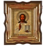 Ikone Russland um 1900 "Christus Pantokrator" vergoldetes Silberoklad, im verglasten Schutzkasten,