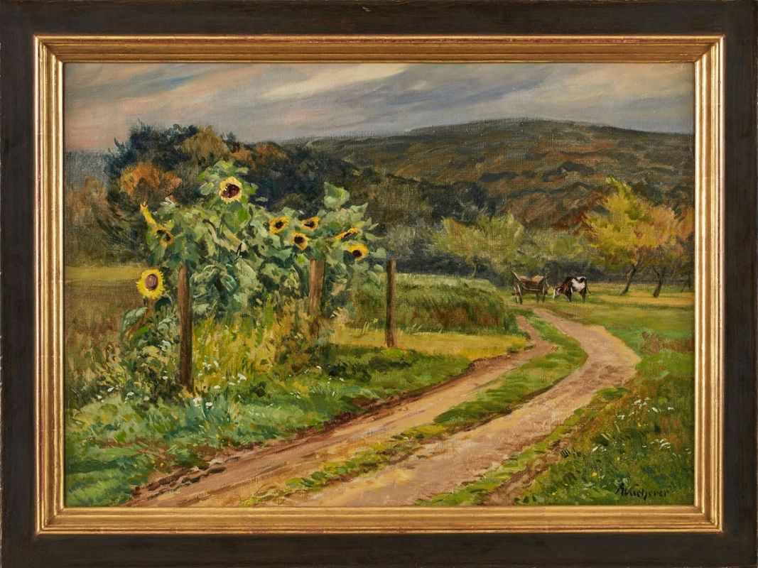 Gemälde Fritz Wucherer 1873 Basel - 1948 Kronberg "Blühende Sonnenblumen im Taunus" u. re. sign.