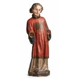 Heiligenfigur, wohl 18. Jh. Lindenholz, vollrd. gearbeitet u. farbig gefasst. Leicht geschwungene