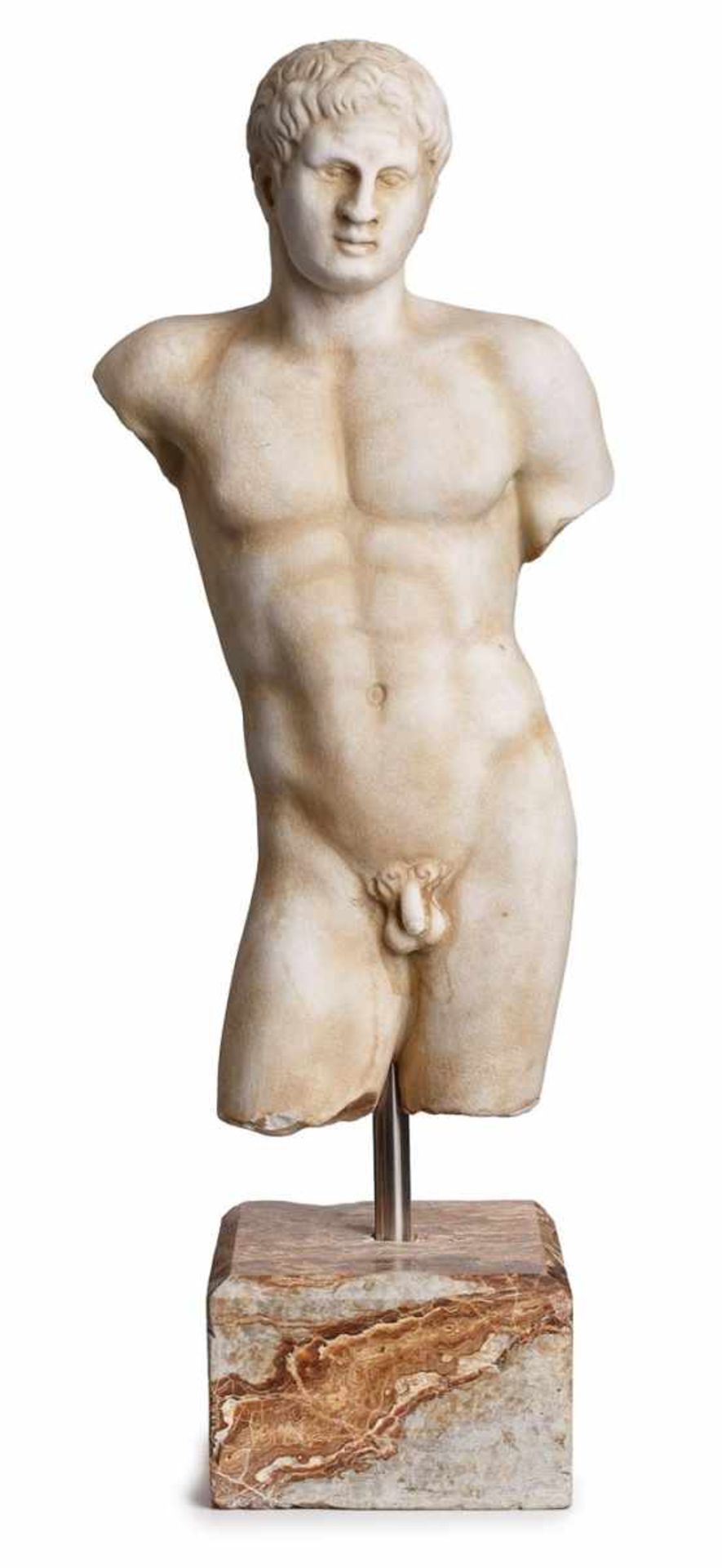 Torso "Junger männlicher Akt", Italien um 1900. Griechischer Marmor. Kniestück eines musku- lösen