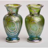 Paar kl. Vasen mit Silberauflage, Jugendstil, um 1900. Farbloses Glas m. gelber