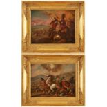 Paar Gemälde Schlachtenmaler d. 18./19. Jh. "Reitergefechte" Öl/Lwd. (doubl.), je 29 x 38 cm