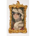 Miniatur Dame mit Federhut (nach Mansion), wohl England um 1850. Gouache auf Elfenbein.
