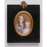 Miniatur Mutter und Tochter, um 1840. Gouache auf Elfenbein. Hoch-ov. Bildnis einer jungen Frau in