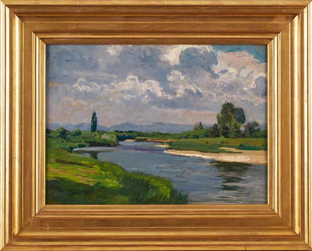 Gemälde Fritz Wucherer 1873 Basel - 1948 Kronberg "Sommerliche Flusslandschaft" u. li. sign. u. dat.