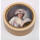 Elfenbein-Dose Junge Dame, sign. Lagarde, Frankreich 19. Jh. Gouache auf Elfenbein. Rd. Bildnis