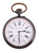 A steel open face pocket watch,   no. 36077, circa 1920, bar lever movement, white enamel dial,