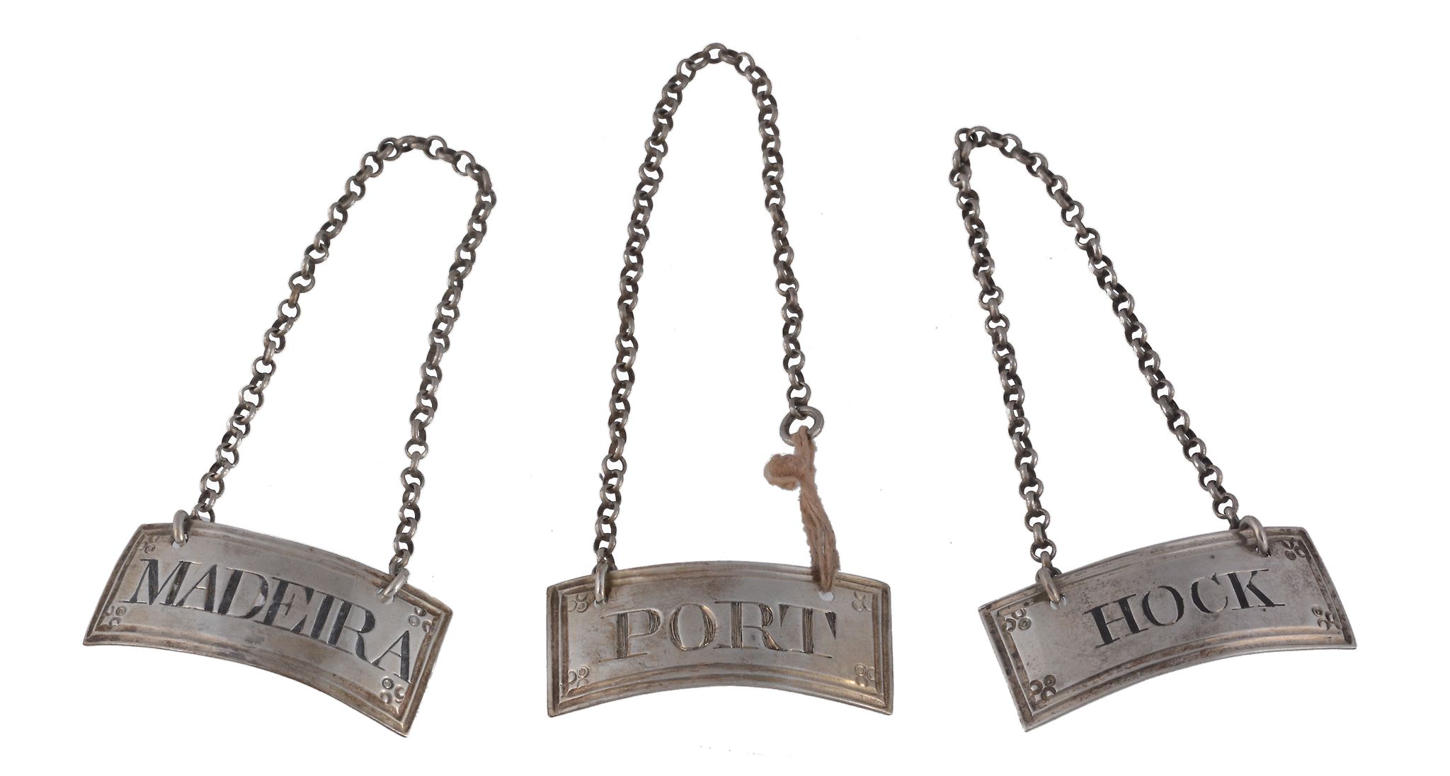 A set of three George III silver rectangular wine labels by John Rich   (maker's mark only, twice),