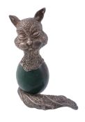 An Italian silver coloured mounted quartz model of a seated cat,   post 1968 .800 standard, 8cm (3